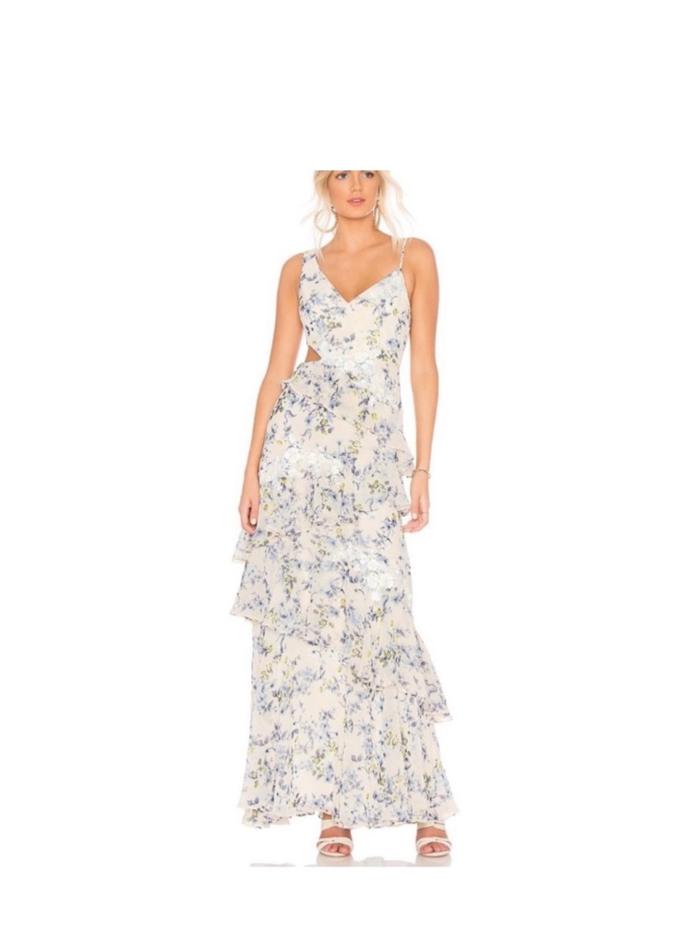 NWOT BCBGMaxAzria Cream Midi Skirt with Blue Floral Print